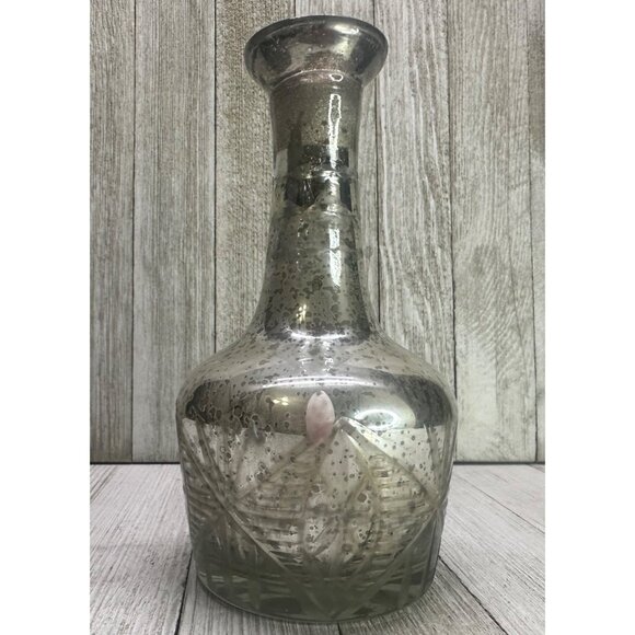 Vtg 7" Tall Silver Mercury Glass Bottle Vase with Etched Carving Base Decanter - Picture 1 of 7
